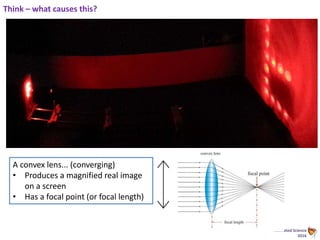 Animated Science
2016
Think – what causes this?
A convex lens... (converging)
• Produces a magnified real image
on a screen
• Has a focal point (or focal length)
 
