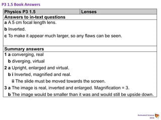 Animated Science
2016
P3 1.5 Book Answers
Physics P3 1.5 Lenses
Answers to in-text questions
a A 5 cm focal length lens.
b Inverted.
c To make it appear much larger, so any flaws can be seen.
Summary answers
1 a converging, real
b diverging, virtual
2 a Upright, enlarged and virtual.
b i Inverted, magnified and real.
ii The slide must be moved towards the screen.
3 a The image is real, inverted and enlarged. Magnification = 3.
b The image would be smaller than it was and would still be upside down.
 