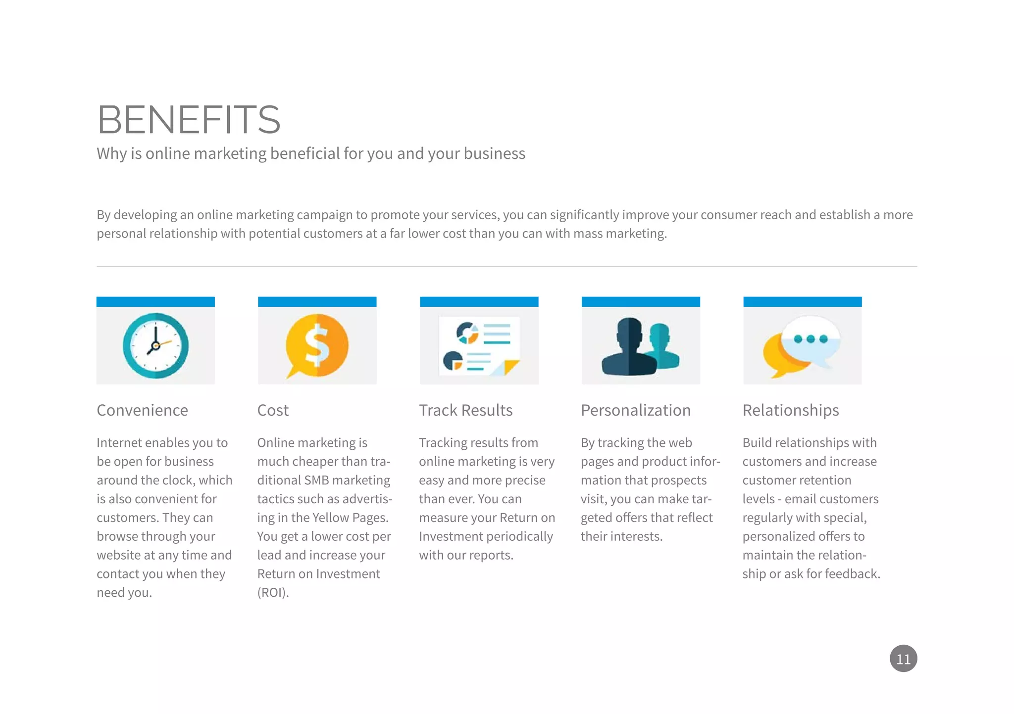 11
By developing an online marketing campaign to promote your services, you can significantly improve your consumer reach and establish a more
personal relationship with potential customers at a far lower cost than you can with mass marketing.
Convenience Cost Track Results Personalization Relationships
Internet enables you to
be open for business
around the clock, which
is also convenient for
customers. They can
browse through your
website at any time and
contact you when they
need you.
Online marketing is
much cheaper than tra-
ditional SMB marketing
tactics such as advertis-
ing in the Yellow Pages.
You get a lower cost per
lead and increase your
Return on Investment
(ROI).
Tracking results from
online marketing is very
easy and more precise
than ever. You can
measure your Return on
Investment periodically
with our reports.
By tracking the web
pages and product infor-
mation that prospects
visit, you can make tar-
geted offers that reflect
their interests.
Build relationships with
customers and increase
customer retention
levels - email customers
regularly with special,
personalized offers to
maintain the relation-
ship or ask for feedback.
BENEFITS
Why is online marketing beneficial for you and your business
 