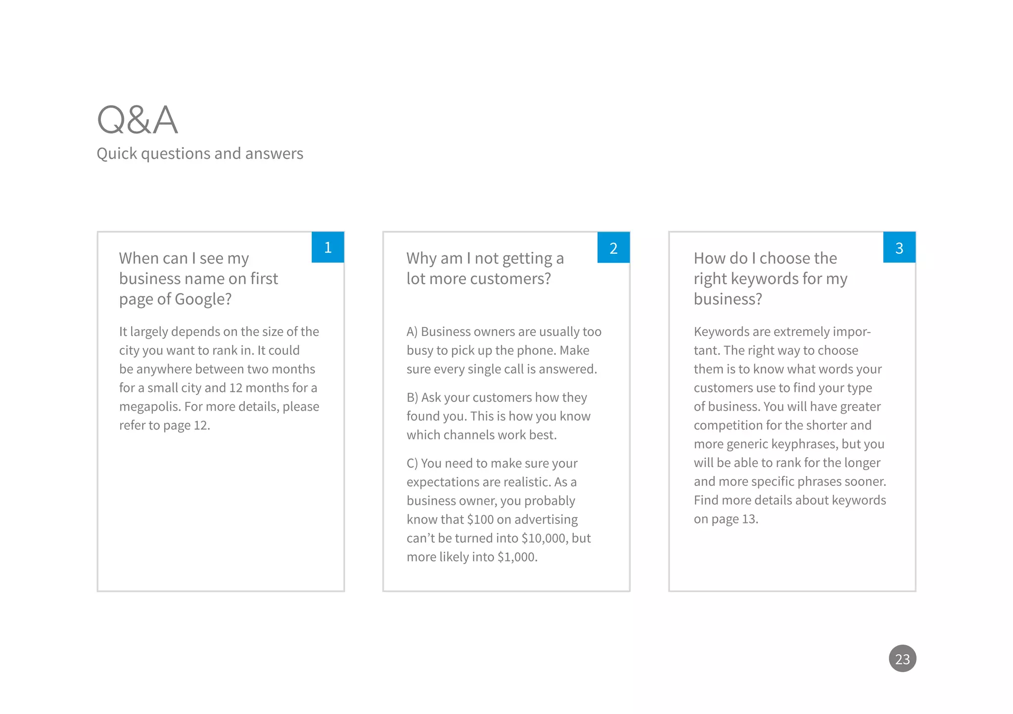 23
Q&A
Quick questions and answers
21 3
It largely depends on the size of the
city you want to rank in. It could
be anywhere between two months
for a small city and 12 months for a
megapolis. For more details, please
refer to page 12.
A) Business owners are usually too
busy to pick up the phone. Make
sure every single call is answered.
B) Ask your customers how they
found you. This is how you know
which channels work best.
C) You need to make sure your
expectations are realistic. As a
business owner, you probably
know that $100 on advertising
can’t be turned into $10,000, but
more likely into $1,000.
Keywords are extremely impor-
tant. The right way to choose
them is to know what words your
customers use to find your type
of business. You will have greater
competition for the shorter and
more generic keyphrases, but you
will be able to rank for the longer
and more specific phrases sooner.
Find more details about keywords
on page 13.
When can I see my
business name on first
page of Google?
Why am I not getting a
lot more customers?
How do I choose the
right keywords for my
business?
 