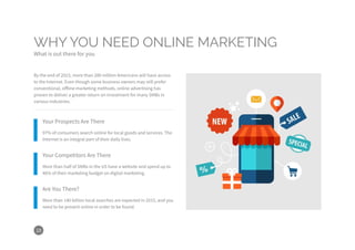 10
By the end of 2015, more than 280 million Americans will have access
to the Internet. Even though some business owners may still prefer
conventional, offline marketing methods, online advertising has
proven to deliver a greater return on investment for many SMBs in
various industries.
Your Prospects Are There
Your Competitors Are There
Are You There?
97% of consumers search online for local goods and services. The
Internet is an integral part of their daily lives.
More than half of SMBs in the US have a website and spend up to
46% of their marketing budget on digital marketing.
More than 140 billion local searches are expected in 2015, and you
need to be present online in order to be found.
WHY YOU NEED ONLINE MARKETING
What is out there for you
 