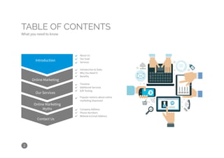 2
TABLE OF CONTENTS
What you need to know
Introduction
Online Marketing
Our Services
Online Marketing
Myths
Contact Us
About Us
Our Goal
Services
Introduction & Stats
Why You Need It
Benefits
Popular notions about online
marketing disproved
Timeline
Additional Services
A/B Testing
Company Address
Phone Numbers
Website & Email Address
 