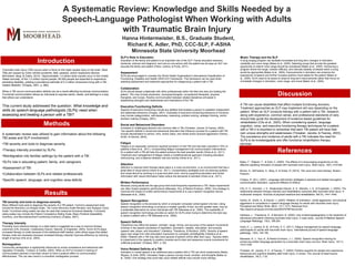 A Systematic Review: Knowledge and Skills Needed by a
Speech-Language Pathologist When Working with Adults
with Traumatic Brain Injury
Hanna Hintermeister, B.S., Graduate Student,
Richard K. Adler, PhD, CCC-SLP, F-ASHA
Minnesota State University Moorhead
Introduction
Methods
Results
Discussion
References
Traumatic brain injury (TBI) occurs when a force on the head causes injury to the brain. Most
TBIs are caused by motor vehicle accidents, falls, assaults, and/or explosions (Boone,
McFarlane, Berg, & Zraick, 2014). “Approximately 1.5 million brain injuries occur in the United
States annually, of the 1.5 million injured people, 80,000 people are expected to experience
persisting disability, yielding a prevalence estimate of 5.3 million Americans living with a TBI-
related disability” (Chapey, 2001, p. 880).
When a TBI occurs communication deficits can be a result affecting functional communication.
Functional communication allows an individual to express wants, needs, and feelings in a way
that others can understand.
This current study addressed the question: What knowledge and
skills do speech-language pathologists (SLPs) need when
assessing and treating a person with a TBI?
TBI severity and tools to diagnose severity
Many different tools exist to diagnose the severity of a TBI patient. Common assessment tools
include the Ranchos Los Amigos Scale, The Coma Recovery Scale-Revised, and Glasgow Coma
Scale. Functional rating scales can also be used that measures functional disability. Functional
rating scales may include the Patient Competency Rating Scale, Mayo-Portland Adaptability
Inventory, and Neurobehavioral Functioning Inventory (Chapey, 2001).
Therapy Intensity
Providing more intensive therapy on a daily basis is suggested as a way to improve therapy
outcomes (Cifu, Kreutzer, Colakowsky-Hayner, Marwitz, & Englander, 2003). Some SLPs argue
increased therapy is costly because of the additional staff needed, while others argue that added
therapy costs are necessary because increased therapy intensity improves efficiency by reducing
length of service (Cifu et al., 2003).
Reintegration
Community reintegration is significantly influenced by social competence and behavioral self-
regulation (Ylvisaker, Turkstra, & Coelho, 2003). When an SLP is involved in training of
communication partners it has been shown to have a positive effect on communication
effectiveness. This can also result in a smoother reintegration process.
Music Therapy and the SLP
A song singing program can facilitate immediate and long term changes in intonation
variability and voice range (Baker et al., 2005). Selecting songs that provide the greatest
opportunity to extend voice range should be considered (Baker et al., 2005). Introducing a
program where the range, melodic difficulty, and intervals steadily increased within a song
would be appropriate (Baker et al., 2005). Improvements in intonation can enhance the
expressivity of speech and further increase positive mood states for the patient (Baker et
al., 2005). SLPs need to be aware to observe long-term improvements rather than focus on
immediate changes in intonation, voice range, and mood (Baker et al., 2005).
A TBI can cause disabilities that affect multiple functioning domains.
Treatment approaches an SLP may implement will vary depending on the
patient. When an SLP conducts therapy with a patient with a TBI, research,
along with experience, common sense, and professional standards of care,
should help guide the development of evidence-based guidelines for
rehabilitation (Cifu et al., 2003). When considering speech, language,
cognition, voice, and executive functioning therapy techniques for a patient
with a TBI it is important to remember that each TBI patient will have their
own unique strengths and weaknesses (Ylvisaker, Jacobs, & Feeney, 2003).
The prevalence and incidence of adults with a TBI indicates the need for
SLPs to be knowledgeable and offer functional rehabilitation therapy
services.
A systematic review was utilized to gain information about the following
TBI areas and SLP involvement:
•TBI severity and tools to diagnose severity
•Therapy intensity provided by SLPs
•Reintegration into familiar settings by the patient with a TBI
•SLPs role in educating patient, family, and caregivers
•Assessment of TBI
•Collaboration between SLPs and related professionals
•Specific speech, language, and cognition area deficits
SLP’s Role in Education
Education of the family and patient is an important role of the SLP. Family education sessions,
handouts, pictures and diagrams, and one-on-one advice with the patient are all ways an SLP can
educate the family and patient (Hicks, Larkins, & Purdy, 2011).
Assessment
SLPs are encouraged to consider the World Health Organization's International Classification of
Functioning, Disability and Health (WHO-ICF) framework. This framework can be used when
selecting assessment and treatment approaches for categorizing a patient with a TBI.
Collaboration
SLPs should always collaborate with other professionals within the field who also are treating the
patient. This may include physicians, neuropsychologists, occupational therapists, physical
therapists, and nurses. Routine communication between related disciplines will assist in
establishing strengths and weaknesses and implications of the TBI.
Executive Functioning Deficits
Aspects of executive functioning include any abilities that enables a person to establish independent
and deliberate behaviors (Chapey, 2001). Examples of executive functioning behaviors or functions
may include categorization, self-awareness, reasoning, problem solving, strategic thinking, and/or
decision making (Chapey, 2001).
Social and Behavioral Disorders
Increases in challenging behavior are common after a TBI (Ylvisaker, Jacobs, & Feeney, 2003).
Two specific deficits in social and behavioral disorders that influence success for a patient with TBI
include disorientation to person, time, and/or place, and verbal and/or physical aggression (Gentry,
Smith, & Dances, 2003).
Fatigue
Fatigue is an especially commonly reported symptom of mild TBI and has been reported in 70% of
patients (Hicks et al., 2011). Incorporating fatigue management into communication interventions
for a patient with a TBI will help the patient achieve the best possible results (Hicks et al., 2011).
Treatment and management of fatigue needs a multidimensional approach including education,
restructuring, and a balance between rest and activity (Hicks et al., 2011).
Attention
Attention is reduced when therapy takes place in a noisy environment, or an environment that has a
great deal of visual stimuli (Hicks et al., 2011). Compensatory strategies such as reducing auditory
and visual stimuli by working in a quiet and plain room, and by supporting education and verbal
information with visual information helps reduce the demands of activities (Hicks et al., 2011).
Written Performance
Because young adults are the age group that most frequently experiences a TBI, these impairments
can often impact academic performance (Manasse, Hux, & Rankin-Erickson, 2000). One strategy to
minimize the impact of written performance impairments is to use a speech recognition device
(Manasee et al., 2000).
Speech Recognition
Speech recognition is the process by which a computer computes verbal speech into text. Using
speech recognition technology to produce a smaller quantity of text, but with greater ease, may be
a preferable alternative for some individuals with TBI (Manasse et al., 2000). The availability of
speech recognition technology provides an option for SLPs when trying to determine the best way
to assist a patient with a TBI (Manasse et al., 2000).
Speech Deficits
“Dysarthria may affect the speech, strength, range, timing, and accuracy of the speech movements
involved in the speech processes of respiration, phonation, nasality, articulation, and prosody
(speech rate, stress, and intonation)” (Hartelius, Theodoros, & Murdoch, 2005). Severity of speech
signs may range from mild articulation imprecision to complete unintelligibility (Hartelius et al.,
2005). Patients with a TBI may also have apraxia of speech (AOS) after their injury. “Apraxia refers
to impairment in the capacity to position muscles and to plan and sequence muscle movements for
volitional purposes” (Chapey, 2001, p. 92).
Voice Related Deficits of a TBI
Intonation in verbal speech is an additional area a patient with a TBI can show impairments (Baker,
Wigram, & Gold, 2005). Intonation helps a person convey mood, emotion, and thoughts (Baker et
al., 2005). One strategy that could help voice related deficits may include music therapy.
Baker, F., Wigram, T., & Gold, C. (2005). The effects of a song-singing programme on the
affective speaking intonation of people with traumatic brain injury. Brain Injury, 19(7), 519-528.
Boone, D., McFarlane, S., Berg, S. & Zraick, R. (2014). The voice and voice therapy. Boston:
Pearson.
Chapey, R. (Ed.). (2001). Language intervention strategies in aphasia and related neurogenic
communication disorders. Lippincott Williams & Wilkins.
Cifu, D. X., Kreutzer, J. S., Kolakowsky-Hayner, S. A., Marwitz, J. H., & Englander, J. (2003). The
relationship between therapy intensity and rehabilitative outcomes after traumatic brain injury: A
multicenter analysis. Archives of physical medicine and rehabilitation, 84(10), 1441-1448.
Gentry, B., Smith, A., & Dancer, J. (2003). Relation of orientation, verbal aggression, and physical
aggression to compliance in speech-language therapy for adults with traumatic brain injury.
Perceptual and Motor Skills, 96(3), 1311-1313. Retrieved from
http://search.proquest.com/docview/85375796?accountid
Hartelius, L., Theodoros, D., & Murdoch, B. (2005). Use of electropalatography in the treatment of
disordered articulation following traumatic brain injury: A case study. Journal of Medical Speech-
Language Pathology, 13(3), 189-204.
Hicks, E. J., Larkins, B. M., & Purdy, S. C. (2011). Fatigue management by speech-language
pathologists for adults with traumatic brain injury. International journal of speech-language
pathology, 13(2), 145-155.
Manasse, N. J., Hux, K., & Rankin-Erickson, J. L. (2000). Speech recognition training for
enhancing written language generation by a traumatic brain injury survivor. Brain Injury, 14(11),
1015-1034.
Ylvisaker, M., Jacobs, H. E., & Feeney, T. (2003). Positive supports for people who experience
behavioral and cognitive disability after brain injury: A review. The Journal of head trauma
rehabilitation, 18(1), 7-32.
 