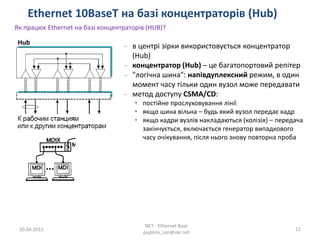 Ethernet 10BaseT на базі концентраторів (Hub)
20.04.2015
NET - Ethernet Base
pupena_san@ukr.net
11
Як працює Ethernet на базі концентраторів (HUB)?
- в центрі зірки використовується концентратор
(Hub)
- концентратор (Hub) – це багатопортовий репітер
- "логічна шина": напівдуплексний режим, в один
момент часу тільки один вузол може передавати
- метод доступу CSMA/CD:
• постійне прослуховування лінії
• якщо шина вільна – будь який вузол передає кадр
• якщо кадри вузлів накладаються (колізія) – передача
закінчується, включається генератор випадкового
часу очікування, після нього знову повторна проба
Hub
 