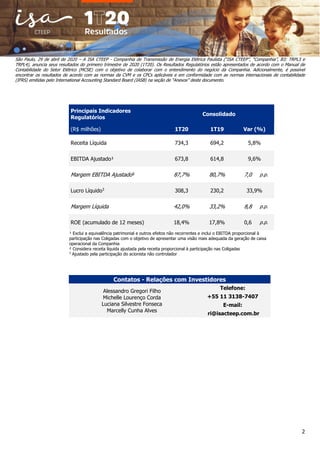 2
São Paulo, 29 de abril de 2020 – A ISA CTEEP - Companhia de Transmissão de Energia Elétrica Paulista (“ISA CTEEP”, “Companhia”, B3: TRPL3 e
TRPL4), anuncia seus resultados do primeiro trimestre de 2020 (1T20). Os Resultados Regulatórios estão apresentados de acordo com o Manual de
Contabilidade do Setor Elétrico (MCSE) com o objetivo de colaborar com o entendimento do negócio da Companhia. Adicionalmente, é possível
encontrar os resultados de acordo com as normas da CVM e os CPCs aplicáveis e em conformidade com as normas internacionais de contabilidade
(IFRS) emitidas pelo International Accounting Standard Board (IASB) na seção de “Anexos” deste documento.
Principais Indicadores
Regulatórios
Consolidado
(R$ milhões) 1T20 1T19 Var (%)
Receita Líquida 734,3 694,2 5,8%
EBITDA Ajustado¹ 673,8 614,8 9,6%
Margem EBITDA Ajustado² 87,7% 80,7% 7,0 p.p.
Lucro Líquido3
308,3 230,2 33,9%
Margem Líquida 42,0% 33,2% 8,8 p.p.
ROE (acumulado de 12 meses) 18,4% 17,8% 0,6 p.p.
¹ Exclui a equivalência patrimonial e outros efeitos não recorrentes e inclui o EBITDA proporcional à
participação nas Coligadas com o objetivo de apresentar uma visão mais adequada da geração de caixa
operacional da Companhia
² Considera receita líquida ajustada pela receita proporcional à participação nas Coligadas
3
Ajustado pela participação do acionista não controlador
Contatos - Relações com Investidores
Alessandro Gregori Filho
Michelle Lourenço Corda
Luciana Silvestre Fonseca
Marcelly Cunha Alves
Telefone:
+55 11 3138-7407
E-mail:
ri@isacteep.com.br
 