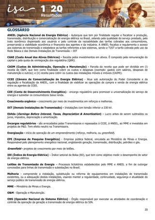 20
GLOSSÁRIO
ANEEL (Agência Nacional de Energia Elétrica) - Autarquia que tem por finalidade regular e fiscalizar a produção,
transmissão, distribuição e comercialização de energia elétrica no Brasil, zelando pela qualidade do serviço prestado, pelo
trato isonômico dispensado aos usuários e pelo controle da razoabilidade das tarifas cobradas aos consumidores,
preservando a viabilidade econômica e financeira dos agentes e da indústria. A ANEEL fiscaliza e regulamenta o acesso
aos sistemas de transmissão e estabelece as tarifas referentes a tais sistemas, sendo a TUST a tarifa cobrada pelo uso da
Rede Básica e das Demais Instalações de Transmissão – DIT
CAAE (Custo Anual dos Ativos Elétricos) - Receita pelos investimentos em ativos. É composto pela remuneração do
capital e pela quota de reintegração dos regulatória (QRR).
CAOM (Custos de Administração, Operação e Manutenção) - Parcela da receita que pode ser dividida em (i)
receita de O&M, que tem como finalidade cobrir os custos e despesas (exemplo: gastos com salários, despesas de
manutenção e outros); e (ii) receita para cobrir os custos das instalações móveis e imóveis (CAIMI).
CCEE (Câmara de Comercialização de Energia Elétrica) - Atua sob autorização do Poder Concedente e da
regulação e fiscalização da ANEEL, com a finalidade de viabilizar as operações de compra e venda de energia elétrica
entre os agentes da CCEE.
CDE (Conta de Desenvolvimento Energético) - encargo regulatório para promover a universalização do serviço de
energia e subsidiar os consumidores baixa renda.
Crescimento orgânico - crescimento por meio de investimentos em reforços e melhorias.
DIT (Demais Instalações de Transmissão) - Instalações com tensão inferior a 230 kV.
Ebitda (Earnings Before Interest, Taxes, Depreciation & Amortization) – Lucro antes de serem subtraídos os
juros, impostos, depreciação e amortização.
Encargos regulatórios - são arrecadados pelas Transmissoras e repassados à CCEE, à ANEEL, ao MME e investidos em
projetos de P&D. Tem efeito neutro na Transmissora.
Energização - início de operação de um empreendimento (reforço, melhoria, ou greenfield).
EPE (Empresa de Pesquisa Energética) - Empresa pública federal, vinculada ao Ministério de Minas e Energia.
Responsável pelo planejamento energético nacional, englobando geração, transmissão, distribuição, petróleo e gás.
Greenfield - projetos de crescimento por meio de leilões.
IEE (Índice de Energia Elétrica) – Índice setorial da Bolsa (B3), que tem como objetivo medir o desempenho do setor
de energia elétrica.
Leilões de Transmissão de Energia – Processos licitatórios estabelecidos pelo MME e ANEEL a fim de outorgar
concessões para linhas de transmissão e subestações no Brasil.
Melhoria - compreende a instalação, substituição ou reforma de equipamentos em instalações de transmissão
existentes, ou a adequação destas instalações, visando manter a regularidade, continuidade, segurança e atualidade do
serviço público de transmissão de energia elétrica.
MME – Ministério de Minas e Energia.
O&M - Operação e Manutenção.
ONS (Operador Nacional do Sistema Elétrico) - Órgão responsável por executar as atividades de coordenação e
controle da operação da geração e transmissão de energia elétrica do SIN.
 