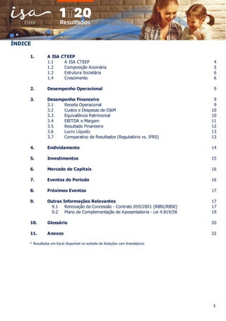 3
ÍNDICE
1. A ISA CTEEP
1.1 A ISA CTEEP 4
1.2 Composição Acionária 5
1.3 Estrutura Societária 6
1.4 Crescimento 6
2. Desempenho Operacional 9
3. Desempenho Financeiro 9
3.1 Receita Operacional 9
3.2 Custos e Despesas de O&M 10
3.3 Equivalência Patrimonial 10
3.4 EBITDA e Margem 11
3.5 Resultado Financeiro 12
3.6 Lucro Líquido 13
3.7 Comparativo de Resultados (Regulatório vs. IFRS) 13
4. Endividamento 14
5. Investimentos 15
6. Mercado de Capitais 16
7. Eventos do Período 16
8. Próximos Eventos 17
9. Outras Informações Relevantes 17
9.1 Renovação da Concessão - Contrato 059/2001 (RBNI/RBSE) 17
9.2 Plano de Complementação de Aposentadoria - Lei 4.819/58 19
10. Glossário 20
11. Anexos 22
* Resultados em Excel disponível no website de Relações com Investidores
 