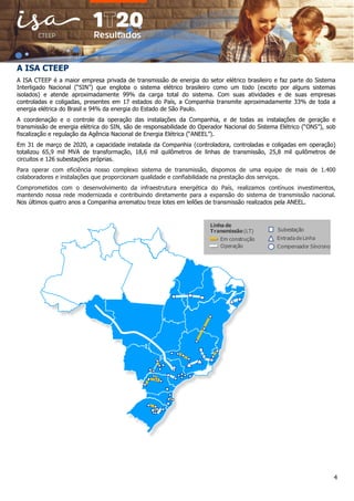 4
A ISA CTEEP
A ISA CTEEP é a maior empresa privada de transmissão de energia do setor elétrico brasileiro e faz parte do Sistema
Interligado Nacional (“SIN”) que engloba o sistema elétrico brasileiro como um todo (exceto por alguns sistemas
isolados) e atende aproximadamente 99% da carga total do sistema. Com suas atividades e de suas empresas
controladas e coligadas, presentes em 17 estados do País, a Companhia transmite aproximadamente 33% de toda a
energia elétrica do Brasil e 94% da energia do Estado de São Paulo.
A coordenação e o controle da operação das instalações da Companhia, e de todas as instalações de geração e
transmissão de energia elétrica do SIN, são de responsabilidade do Operador Nacional do Sistema Elétrico (“ONS”), sob
fiscalização e regulação da Agência Nacional de Energia Elétrica (“ANEEL”).
Em 31 de março de 2020, a capacidade instalada da Companhia (controladora, controladas e coligadas em operação)
totalizou 65,9 mil MVA de transformação, 18,6 mil quilômetros de linhas de transmissão, 25,8 mil quilômetros de
circuitos e 126 subestações próprias.
Para operar com eficiência nosso complexo sistema de transmissão, dispomos de uma equipe de mais de 1.400
colaboradores e instalações que proporcionam qualidade e confiabilidade na prestação dos serviços.
Comprometidos com o desenvolvimento da infraestrutura energética do País, realizamos contínuos investimentos,
mantendo nossa rede modernizada e contribuindo diretamente para a expansão do sistema de transmissão nacional.
Nos últimos quatro anos a Companhia arrematou treze lotes em leilões de transmissão realizados pela ANEEL.
Em construção
Subestação
Entrada de Linha
Linha de
Transmissão (LT)
Compensador SíncronoOperação
 