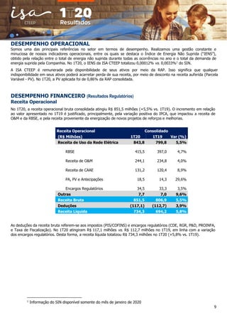 9
DESEMPENHO OPERACIONAL
Somos uma das principais referências no setor em termos de desempenho. Realizamos uma gestão constante e
minuciosa de nossos indicadores operacionais, entre os quais se destaca o Índice de Energia Não Suprida (“IENS”),
obtido pela relação entre o total de energia não suprida durante todas as ocorrências no ano e o total da demanda de
energia suprida pela Companhia. No 1T20, o IENS da ISA CTEEP totalizou 0,00012% vs. 0,0033%1
do SIN.
A ISA CTEEP é remunerada pela disponibilidade de seus ativos por meio da RAP. Isso significa que qualquer
indisponibilidade em seus ativos poderá acarretar perda de sua receita, por meio de desconto na receita auferida (Parcela
Variável - PV). No 1T20, a PV aplicada foi de 0,86% da RAP consolidada.
DESEMPENHO FINANCEIRO (Resultados Regulatórios)
Receita Operacional
No 1T20, a receita operacional bruta consolidada atingiu R$ 851,5 milhões (+5,5% vs. 1T19). O incremento em relação
ao valor apresentado no 1T19 é justificado, principalmente, pela variação positiva do IPCA, que impactou a receita de
O&M e da RBSE, e pela receita proveniente da energização de novos projetos de reforços e melhorias.
Receita Operacional Consolidado
(R$ Milhões) 1T20 1T19 Var (%)
Receita de Uso da Rede Elétrica 843,8 799,8 5,5%
RBSE 415,5 397,0 4,7%
Receita de O&M 244,1 234,8 4,0%
Receita de CAAE 131,2 120,4 8,9%
PA, PV e Antecipações 18,5 14,3 29,6%
Encargos Regulatórios 34,5 33,3 3,5%
Outras 7,7 7,0 9,6%
Receita Bruta 851,5 806,9 5,5%
Deduções (117,1) (112,7) 3,9%
Receita Líquida 734,3 694,2 5,8%
As deduções da receita bruta referem-se aos impostos (PIS/COFINS) e encargos regulatórios (CDE, RGR, P&D, PROINFA,
e Taxa de Fiscalização). No 1T20 atingiram R$ 117,1 milhões vs. R$ 112,7 milhões no 1T19, em linha com a variação
dos encargos regulatórios. Desta forma, a receita líquida totalizou R$ 734,3 milhões no 1T20 (+5,8% vs. 1T19).
1
Informação do SIN disponível somente do mês de janeiro de 2020
 