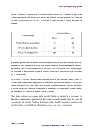 www.aptaregional.sp.gov.br 
ISSN 2316-5146 
Pesquisa & Tecnologia, vol. 11, n. 2, Jul-Dez 2014 
Tabela 2. Efeito da produtividade do canavial sobre a área a ser cultivada e a área a ser colhida diariamente para alimentar 40 vacas, por 180 dias da estação seca, com 25 kg/dia de cana de açúcar enriquecida com 1% de uréia (9 partes de uréia + 1 parte de sulfato de amônia) 
Características 
Nível tecnológico 
Baixo 
Alto 
Produtividade do canavial (t/ha) 
60 
120 
Tamanho do canavial (ha) 
3,0 
1,5 
Área a ser colhida (m2/dia) 
167 
83 
É evidente que os canaviais menos produtivos necessitarão de mais área, mão de obra e/ou combustível para os tratos culturais e para o corte e colheita de uma tonelada de cana/dia. Atualmente, com o conhecimento sobre a cultura da cana-de-açúcar e com a enorme opção de cultivares, é relativamente simples e barata a implantação de canaviais que produzirão 100 – 150 t/ha/ano. 
No entanto, o produtor deve escolher cultivares de cana que, além de produzir muito no primeiro ano, também deve apresentar pouca perda na produtividade anual ao longo de pelo menos quatro anos de cultivo. Além de apresentar características que conferem resistência a pragas e doenças, facilidade de despalha e a presença de pouco joçal, também podem ser desejáveis, principalmente quando o corte é manual. 
Além disso, cultivares com pouca palha também facilitam o transporte e a moagem na fazenda. A resistência ao acamamento será mais importante quanto maior for o uso de mecanização da colheita. Ausência de florescimento é também desejável, principalmente quando existe a possibilidade de utilização de um ano para outro, a cana bisada. 
 