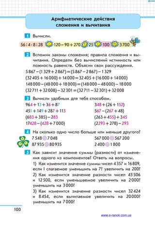 100
Арифметические действия
сложения и вычитания
1	 Вычисли.
56 : 4 . 8 : 28 120 – 90 + 270 100 3 70025. –.:
2	 Вспомни законы сложения; правила сложения и вы-
читания. Определи без вычислений истинность или
ложность равенств. Объясни свои рассуждения.
5 867 – (1 329 + 2 867) = (5 867 – 2 867) – 1 329
(32 405 + 16 000) + 14 000 = 32 405 + (16 000 + 14 000)
148 000 – (48 000 + 18 000) = (148 000 – 48 000) – 18 000
(32 711 + 32 008) – 32 301 = (32 711 – 32 301) + 32 008
3	 Вычисли удобным для тебя способом.
964 + 13 + 36 + 87		 348 + (26 + 152)
451 + 149 + 287 + 113	 567 – (267 + 48)
(683 + 385) – 283		 (263 + 455) + 345
17428 – (428 + 7 000)	 (2293 + 278) – 293
4	 На сколько одно число больше или меньше другого?
7 548   7 048		 567 000   567 200
87 935   80 935		 2 400   1 800
5	 Как зависит значение суммы (разности) от измене-
ния одного из компонентов? Ответь на вопросы.
1)	 Как изменится значение суммы чисел 4 357 и 16 809,
если І слагаемое уменьшить на 7? увеличить на 200?
2)	 Как изменится значение разности чисел 43 506
и 12 500, если уменьшаемое увеличить на 2 000?
уменьшить на 3 000?
3)	 Как изменится значение разности чисел 32 424
и 8 454, если вычитаемое увеличить на 20 000?
уменьшить на 7 000?
www.e-ranok.com.ua
 