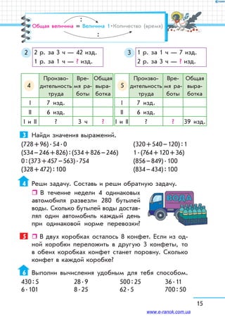 15
Общая величина = Величина 1 . Количество (время)
:
:
2 р. за 3 ч — 42 изд.
1 р. за 1 ч — ? изд.
2 1 р. за 1 ч — 7 изд.
2 р. за 3 ч — ? изд.
3
Произво-
дительность
труда
Вре-
мя ра-
боты
Общая
выра-
ботка
І 7 изд.
ІІ 6 изд.
І и ІІ ? 3 ч ?
Произво-
дительность
труда
Вре-
мя ра-
боты
Общая
выра-
ботка
І 7 изд.
ІІ 6 изд.
І и ІІ ? ? 39 изд.
4 5
3	 Найди значения выражений.
(728 + 96) . 54 . 0		 (320 + 540 – 120) : 1
(534 – 246 + 826) : (534 + 826 – 246)	 1 . (764 + 120 + 36)
0 : (373 + 457 – 563) . 754	 (856 – 849) . 100
(328 + 472) : 100		 (834 – 434) : 100
4	 Реши задачу. Составь и реши обратную задачу.
ˆˆ В течение недели 4 одинаковых
автомобиля развезли 280 бутылей
воды. Сколько бутылей воды достав-
лял один автомобиль каждый день
при одинаковой норме перевозки?
5	    В двух коробках осталось 8 конфет. Если из од-
ной коробки переложить в другую 3 конфеты, то
в обеих коробках конфет станет поровну. Сколько
конфет в каждой коробке?
6	 Выполни вычисления удобным для тебя способом.
430 : 5	 28 . 9	 500 : 25	 36 . 11
6 . 101	 8 . 25	 62 . 5	 700 : 50
www.e-ranok.com.ua
 