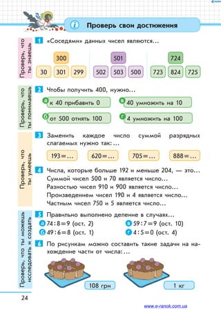24
Проверь свои достижения
1	 «Соседями» данных чисел являются…
300
30130 299
501
503502 500
724
824723 725
2	 Чтобы получить 400, нужно…
к 40 прибавить 0 40 умножить на 10
от 500 отнять 100 4 умножить на 100
3	 Заменить каждое число суммой разрядных
слагаемых нужно так: …
193 = … 620 = … 705 = … 888 = …
4	 Числа, которые больше 192 и меньше 204, — это…
Суммой чисел 500 и 70 является число…
Разностью чисел 910 и 900 является число…
Произведением чисел 190 и 4 является число…
Частным чисел 750 и 5 является число…
5	 Правильно выполнено деление в случаях…
74 : 8 = 9 (ост. 2)	 59 : 7 = 9 (ост. 10)
49 : 6 = 8 (ост. 1)	 4 : 5 = 0 (ост. 4)
6	 По рисункам можно составить такие задачи на на-
хождение части от числа: …
108 грн 1 кг
а в
б г
а в
б г
Проверь,что
тызнаешь
Проверь,что
тыпонимаешь
Проверь,что
тыумеешь
Проверь,чтотыможешь
исследоватьисоздать
www.e-ranok.com.ua
 