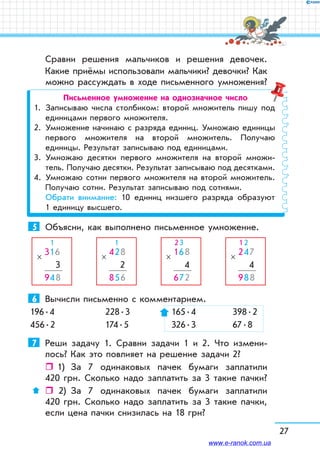 27
Сравни решения мальчиков и решения девочек.
Какие приёмы использовали мальчики? девочки? Как
можно рассуждать в ходе письменного умножения?
Письменное умножение на однозначное число
1.	 Записываю числа столбиком: второй множитель пишу под
единицами первого множителя.
2.	 Умножение начинаю с разряда единиц. Умножаю единицы
первого множителя на второй множитель. Получаю
единицы. Результат записываю под единицами.
3.	 Умножаю десятки первого множителя на второй множи-
тель. Получаю десятки. Результат записываю под десятками.
4.	 Умножаю сотни первого множителя на второй множитель.
Получаю сотни. Результат записываю под сотнями.
	 Обрати внимание: 10 единиц низшего разряда образуют
1 единицу высшего.
5	 Объясни, как выполнено письменное умножение.
316
 3
948
×
  1
428
 2
856
×
  1
168
 4
672
×
2 3
247
 4
988
×
1 2
6	 Вычисли письменно с комментарием.
196 . 4	 228 . 3	  165 . 4	  398 . 2
456 . 2	 174 . 5	  326 . 3	  67 . 8
7	 Реши задачу 1. Сравни задачи 1 и 2. Что измени-
лось? Как это повлияет на решение задачи 2?
ˆˆ 1)	 За 7 одинаковых пачек бумаги заплатили
420 грн. Сколько надо заплатить за 3 такие пачки?
ˆˆ  2)	 За 7 одинаковых пачек бумаги заплатили
420 грн. Сколько надо заплатить за 3 такие пачки,
если цена пачки снизилась на 18 грн?
www.e-ranok.com.ua
 