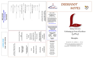 April 1, 2018
GreetersApril1,2018
IMPACTGROUP1
DEERFOOTDEERFOOTDEERFOOTDEERFOOT
NOTESNOTESNOTESNOTES
WELCOME TO THE
DEERFOOT
CONGREGATION
We want to extend a warm wel-
come to any guests that have come
our way today. We hope that you
enjoy our worship. If you have
any thoughts or questions about
any part of our services, feel free
to contact the elders at:
elders@deerfootcoc.com
CHURCH INFORMATION
5348 Old Springville Road
Pinson, AL 35126
205-833-1400
www.deerfootcoc.com
office@deerfootcoc.com
SERVICE TIMES
Sundays:
Worship 8:00 AM
Worship 10:00 AM
Bible Class 5:00 PM
Wednesdays:
7:00 PM
SHEPHERDS
John Gallagher
Rick Glass
Sol Godwin
Skip McCurry
Doug Scruggs
Darnell Self
Jim Timmerman
MINISTERS
Richard Harp
Tim Shoemaker
Johnathan Johnson
Ray Powell
JesusTookitUponHimself
Scripture:John2:13-14
JesustookituponHimself
1.ToL___________theS__________________
John___:___-___
Luke___:___-___
Matthew___:___
JesustookituponHimself
2.ToM_______________theS______________
John___:___-___
Psalm___:___-___
JesustookituponHimself
3.ToB____________theS________________(18-22)
Wetakeituponourselvesto
1.L__________theS________________
1Peter___:___-___
2.M______________theS______________
1Peter___:___-___
3.BecomeliketheStandard
1Peter___:___-___
10:00AMService
Welcome
OpeningPrayer
Lord’sSupper/Offering
ScriptureReading
Sermon
————————————————————
5:00PMService
Lord’sSupper/Offering
DOMforApril
Hayes,Key,Malone
BusDrivers
April1DavidDanger770-527-1526
April8MarkAdkinson790-8034
WEBSITE
deerfootcoc.com
office@deerfootcoc.com
205-833-1400
8:00AMService
Welcome
419LordWeComeBeforeThee
511OftweComeTogether
618SweetHourofPrayer
OpeningPrayer
565SaviorThyDyingLove
LordSupper/Offering
724TrustandObey
ScriptureReading
Sermon
288INeedThee
BaptismalGarmentsfor
April
PatsyO’Rourke,KayCarver
Memphis
MARCH 30-APRIL 1, 2018
SHERATON,MEMPHIS,DOWNTOWN
250,NORTH,MAIN,STREET
MEMPHIS, TENNESSEE 38103 USA
 