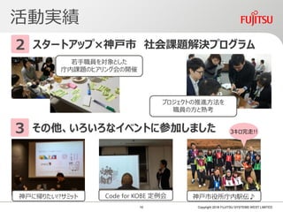 活動実績
Copyright 2018 FUJITSU SYSTEMS WEST LIMITED
スタートアップ×神戸市 社会課題解決プログラム2
その他、いろいろなイベントに参加しました3
若手職員を対象とした
庁内課題のヒアリング会の開催
プロジェクトの推進方法を
職員の方と熟考
神戸に帰りたい!?サミット Code for KOBE 定例会 神戸市役所庁内駅伝♪
3キロ完走!!
10
 