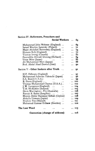 Section IV -Reformersr   Preschers   and
                                Social V9orhers         69

    Muhammad John Webster (England)                     69
    Ismail Wieslarv Jazierski (Poland)                  7r
    Major Abdullah Battersbey (England) . .       ..    7+
    Hussain R,:fe (England)                             77
    Thonras Irving (Canada)             .,              8z
    Fauzuddin Ahnrad Overing (Holland) . .              84
    Umar Mita (Japan)                                   86
    Ali Muhammad Mori (Jap*)                            88
    Prof. Abdul Ahad Da*ud (Iran)                       90
Section V - Other Seekers after Truth                   9r
    H.F. Fellowes (England)                             9r
    Muha.mmad Suleman Takenchi (Japan)                  96
    S.A. Board (U.S.A.)         .                       98
    B. Davis (England) . .                             roo
    Thomas Muhammad Clapon (U.S.A.). .                 r02
    J. W. I.or'egrove (England)                        ro+
    T.H. NlcBarklie (Ireland)                          r05
    Devis Warrington'- Fry (Australia) ..              ro6
    Farouk B. I(arai (Zangibar) ..                     rel
    Mumin Abdur Razzaque Selliah (Ceylon)              r08
    Abdulla Ucmura (Japan)                             r09
    Ibralrim Voo (Malaye)                              IIT
    Muhamud Gunnar Eriksor (Sweden)                    trt

Tbe Last ilord                                   r.   II5

           Correction (change of addresc)              rr5
 
