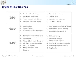 Groups of Best Practices


                                     1.   Functional Specifications                    5.   Multi-platform Testing

                The Basic            2.   Reviews and Inspections                      6.   Internal Betas
                Practices            3.   Formal Entry and Exit Criteria               7.   Automated Test Execution

                                     4.   Functional Test – Variations                 8.   ‘Nightly’ Builds


                                     1.   User Scenarios                               4.   Multi-release ODC/Butterfly Profiles
              Foundational           2.   Usability Testing                            5.   Requirements for Test Planning
                Practices
                                     3.   In-process ODC Feedback Loops                6.   Automated Test Generation


                                     1.   Teaming Testers with Developers              7.   Statistical Testing
                                     2.   Code Coverage                                8.   Semiformal Methods

                                     3.   Automated Environment Generator              9.   Check-in Tests for Code
               Incremental
                Practices            4.   Testing to Help Ship on Demand               10. Minimizing Regression Test Cases
                                     5.   State Task Diagram                           11. Instrumented Versions for MTTF
                                     6.   Memory Resource Failure                      12. Bug Bounties
                                          Simulation



Copyright© 2007 Metrics Solutions.                         Work Smarter, Not Harder.                              www.metricsolution.co.kr   3
 