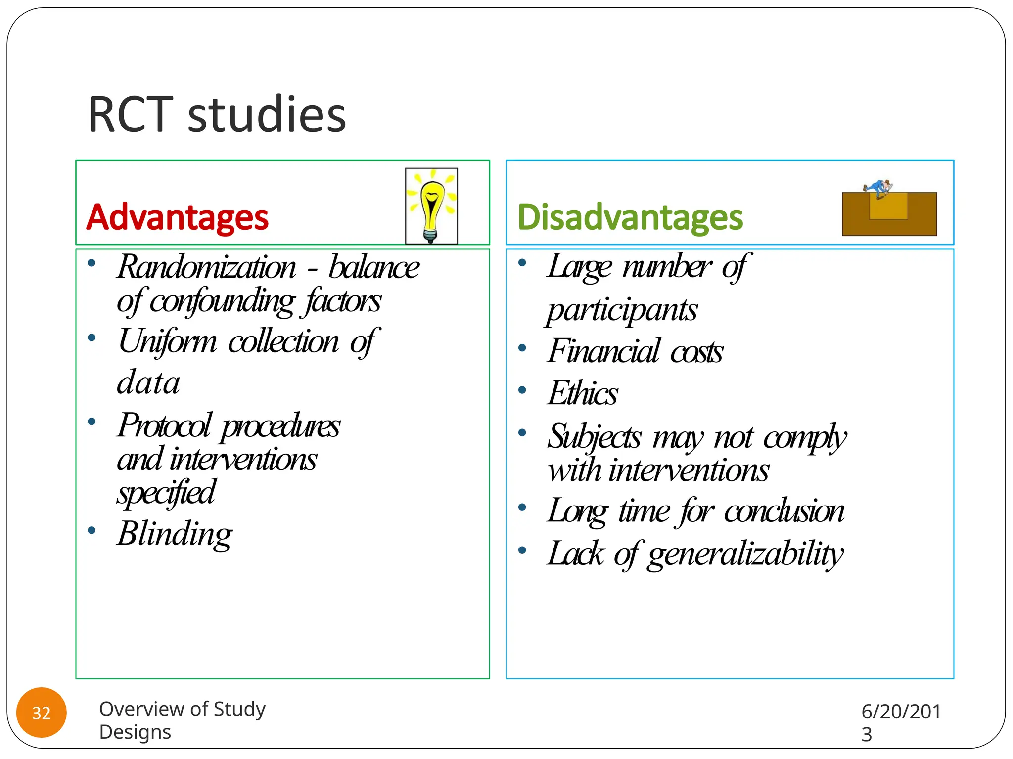 RCT studies
Advantages
• Randomization - balance
of confounding factors
• Uniform collection of
data
• Protocol procedures
andinterventions
specified
• Blinding
Disadvantages
• Large number of
participants
• Financial costs
• Ethics
• Subjects may not comply
withinterventions
• Long time for conclusion
• Lack of generalizability
Overview of Study
Designs
6/20/201
3
32
 