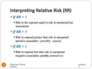 Interpreting Relative Risk (RR)
⚫If RR = 1
⚫Risk in the exposed equal to risk in unexposed (no
association)
⚫If RR > 1
⚫Risk in exposed greater than risk in unexposed
(positive association ; possibly causal)
⚫If RR < 1
⚫Risk in exposed less than risk in unexposed
(negative association; possibly protective)
Overview of Study
Designs
6/20/201
3
41
 