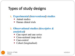 Types of study designs
1. Experimental (interventional) studies
⚫ Animal studies
⚫ Human clinical trials
2. Observational studies (descriptive &
analytical)
⚫ Case report and case series
⚫ Cross-sectional (snap shot)
⚫ Case-control
⚫ Cohort (longitudinal)
Overview of Study
Designs
6/20/2013
7
 