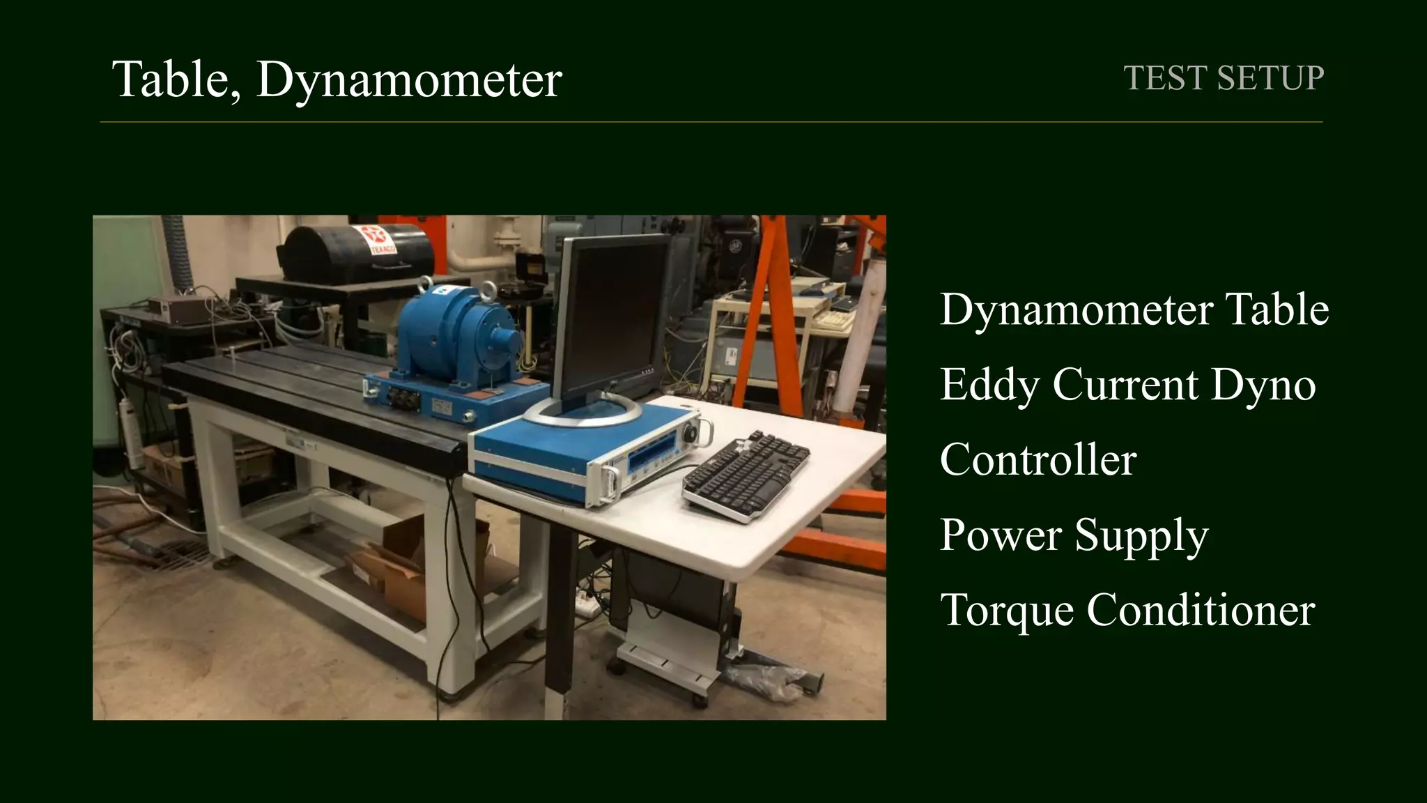 Table, Dynamometer
Dynamometer Table
Eddy Current Dyno
Controller
Power Supply
Torque Conditioner
TEST SETUP
 