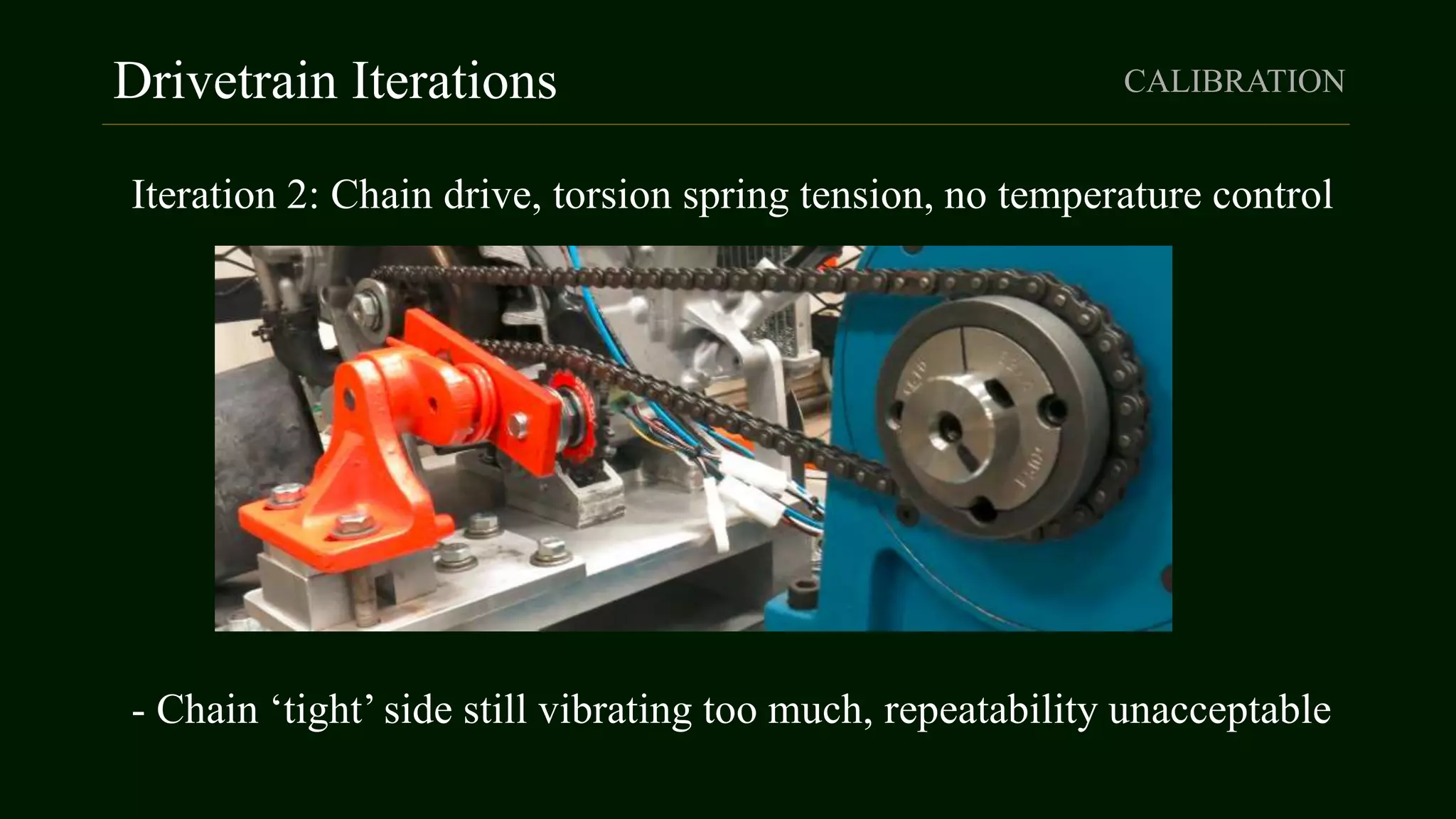 Drivetrain Iterations
Iteration 2: Chain drive, torsion spring tension, no temperature control
CALIBRATION
- Chain ‘tight’ side still vibrating too much, repeatability unacceptable
 