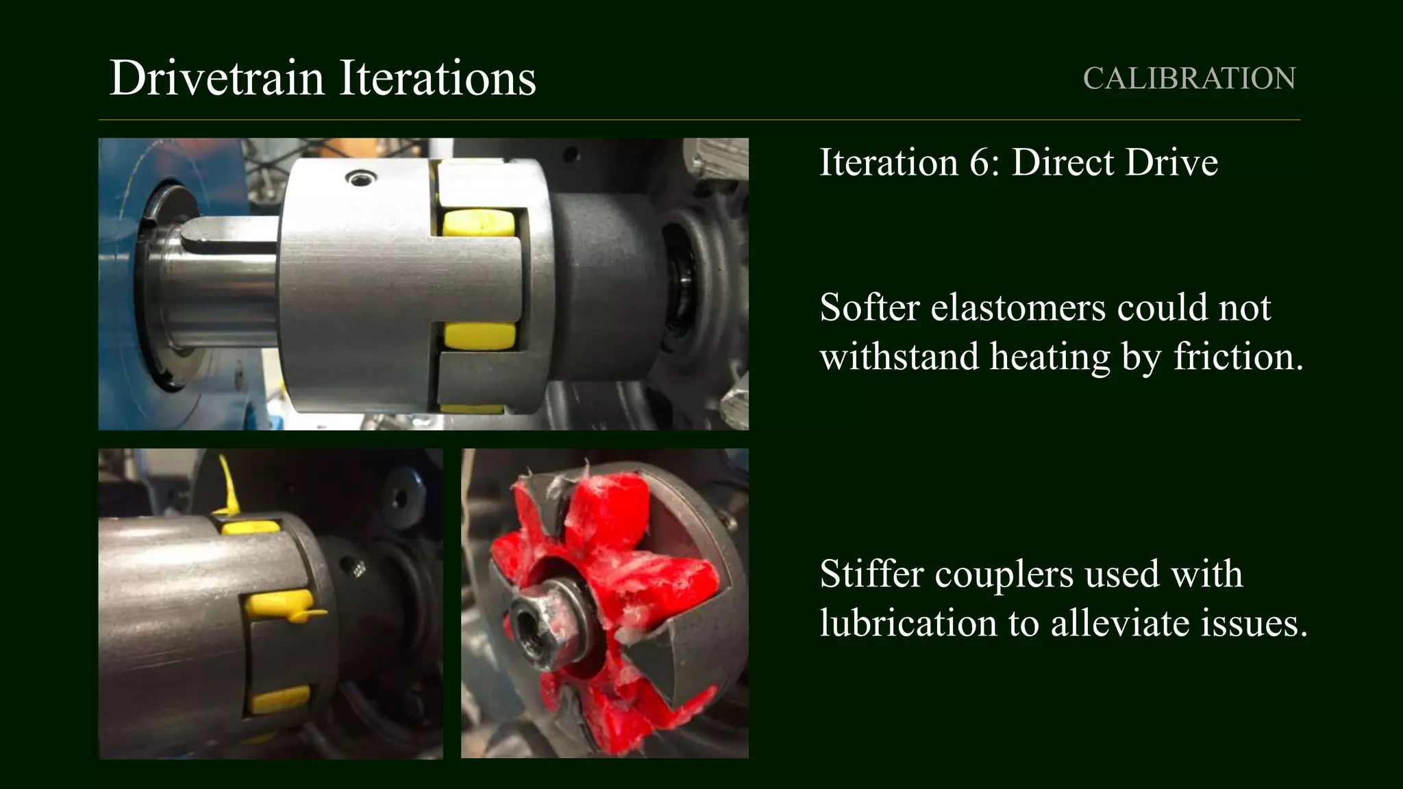 Drivetrain Iterations
Iteration 6: Direct Drive
Softer elastomers could not
withstand heating by friction.
Stiffer couplers used with
lubrication to alleviate issues.
CALIBRATION
 