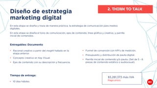 Diseño de estrategia
marketing digital
En esta etapa se diseña y traza de manera práctica, la estrategia de comunicación para medios
digitales.
En esta etapa se diseña el tono de comunicación, ejes de contenido, línea gráfica y creativa, y parrilla
inicial de contenidos.
2. THINK TO TALK
Entregables: Documento
• Racional creativo a partir del insight hallado en la
etapa anterior.
• Concepto creativo en Key Visual.
• Ejes de contenido con su descripción y frecuencia.
Tiempo de entrega:
• 10 días hábiles.
$5,281,373 más IVA
Pago único
• Funnel de conversión con KPI’s de medición.
• Presupuesto y distribución de pauta digital.
• Parrilla inicial de contenido y/o pauta. (Set de 5 - 6
piezas de contenido estático o audiovisual).
 