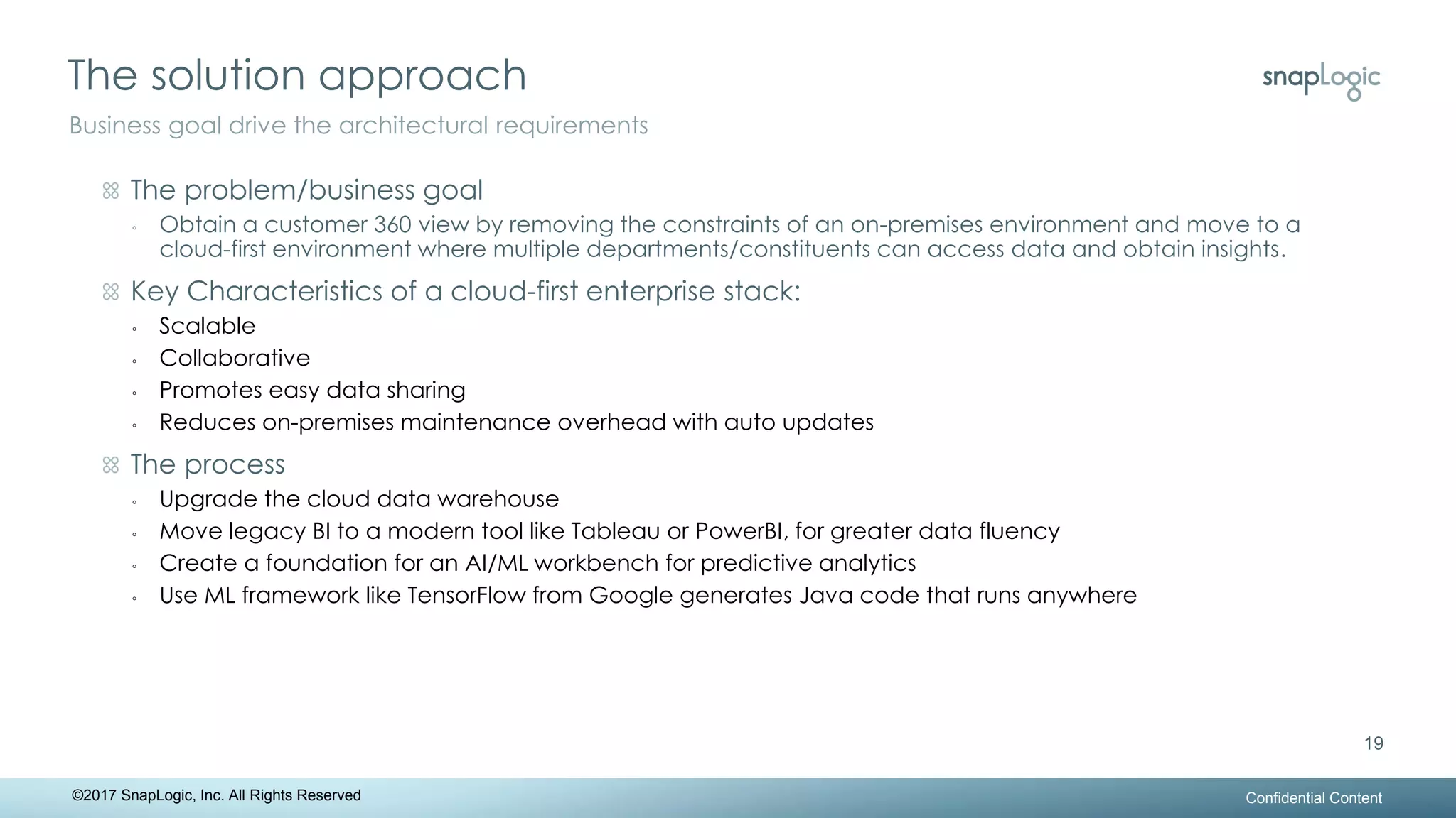 The solution approach
Confidential Content
19
Business goal drive the architectural requirements
©2017 SnapLogic, Inc. All Rights Reserved
The problem/business goal
◦ Obtain a customer 360 view by removing the constraints of an on-premises environment and move to a
cloud-first environment where multiple departments/constituents can access data and obtain insights.
Key Characteristics of a cloud-first enterprise stack:
◦ Scalable
◦ Collaborative
◦ Promotes easy data sharing
◦ Reduces on-premises maintenance overhead with auto updates
The process
◦ Upgrade the cloud data warehouse
◦ Move legacy BI to a modern tool like Tableau or PowerBI, for greater data fluency
◦ Create a foundation for an AI/ML workbench for predictive analytics
◦ Use ML framework like TensorFlow from Google generates Java code that runs anywhere
 
