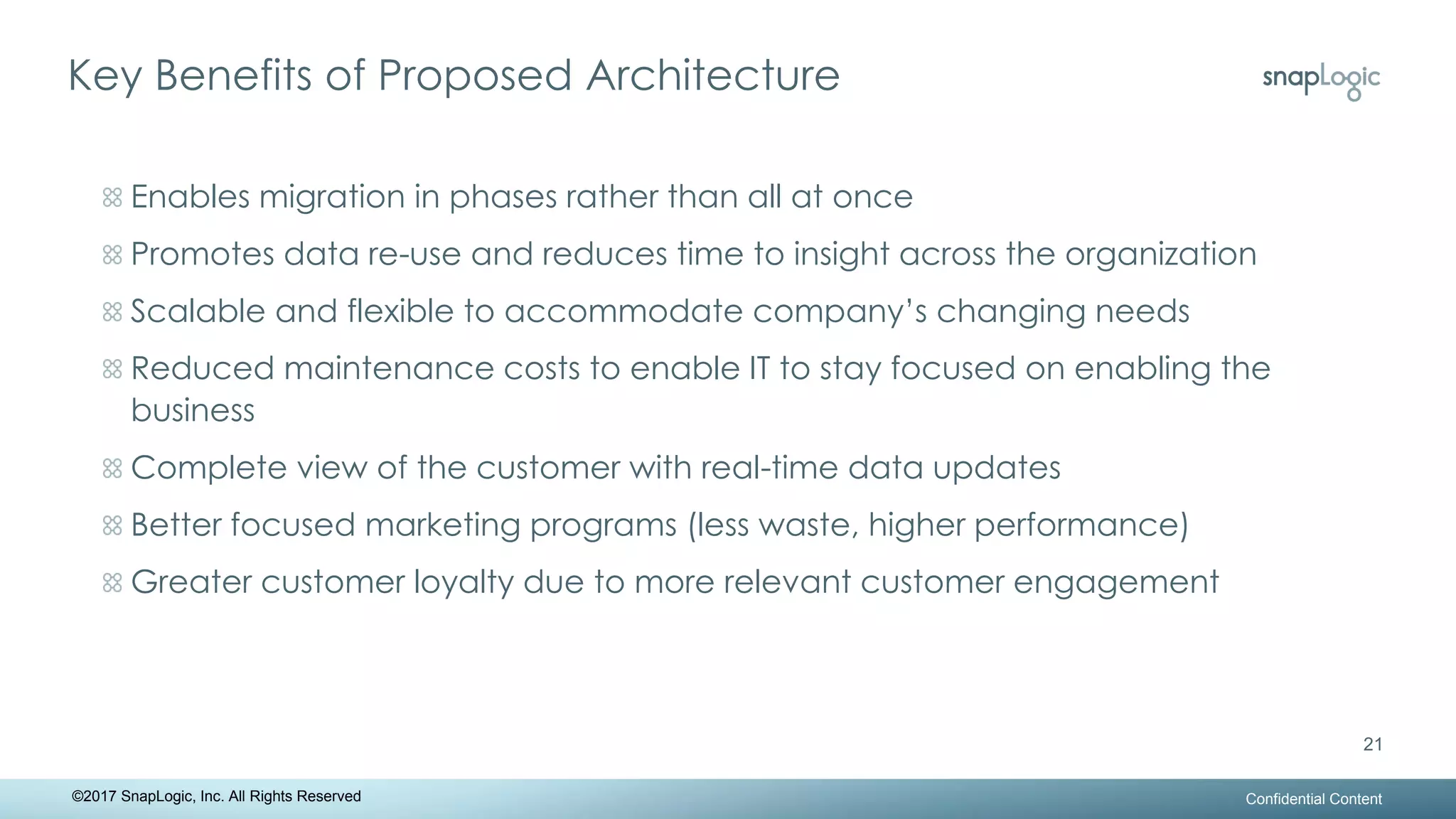 Key Benefits of Proposed Architecture
Confidential Content
21
©2017 SnapLogic, Inc. All Rights Reserved
Enables migration in phases rather than all at once
Promotes data re-use and reduces time to insight across the organization
Scalable and flexible to accommodate company’s changing needs
Reduced maintenance costs to enable IT to stay focused on enabling the
business
Complete view of the customer with real-time data updates
Better focused marketing programs (less waste, higher performance)
Greater customer loyalty due to more relevant customer engagement
 