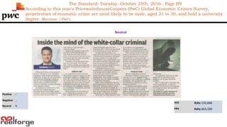 The Standard: Tuesday, October 25th, 2016 : Page B9
According to this year's PricewaterhouseCoopers (PwC) Global Economic Crimes Survey,
perpetrators of economic crime are most likely to be male, aged 21 to 30, and hold a university
degree. Mention: { PwC}
Neutral
Positive +
Negative _
Neutral N
AVE Kshs 132,666
PRV Kshs 663,330
 