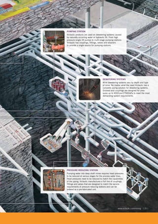 [ 25 ]www.victaulic.com/mining
PUMPING STATION
Victaulic products are used on dewatering systems caused
by naturally occurring water or hydraulic fill. From high
pressure single lift pumps to multi-stage pumping stations
Victaulic has couplings, fittings, valves and strainers
to provide a single source for pumping stations.
PRESSURE REDUCING STATION
Pumping water into deep shaft mines requires head pressures
to be reduced at various stages for the process water lines.
Head pressures need to be reduced to match the capabilities
of the piping. Victaulic manufactures a full line of couplings,
fittings and valves that are designed to match the service
requirements of pressure reducing stations and can be
ordered as a pre-fabricated unit.
DEWATERING SYSTEMS
Mine dewatering systems vary by depth and type
of mine. No matter what the need Victaulic has a
complete piping solution for dewatering systems.
Grooved end couplings are designed for pres-
sures up to 4000psi/27500kPa to meet the most
demanding system requirements.
PRESSURE REDUCING
ordere
 