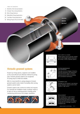 ALIGNMENT EASE
Couplings can be oriented in any direction
during installation easing concerns when
installed in tight spaces.
SYSTEM MAINTENANCE
AND EXPANSION
Pipe wear occurs at changes of direction;
requiring maintenance and replacement.
Only the Victaulic system can reduce
downtime by up to 50% for scheduled
and unscheduled maintenance.
MISALIGNMENT
Pipe misalignment is a fact of life in
mine piping systems. With a system
of self-restraining flexible couplings
Victaulic grooved products are designed
to overcome the challenges caused by
misaligned pipe.
[ 1 ]www.victaulic.com/mining
Victaulic grooved systems
Known by mining owners, engineers and installers
as the most efficient and effective method for joining
pipe, Victaulic grooved systems are recognized
for being easy-to-install and reliable.
With its many benefits to piping designers Victaulic
grooved systems add a level of versatility other joining
systems cannot match.
Victaulic systems also continue to evolve and improve.
For example the installation-ready couplings install up
to twice as fast as existing grooved couplings while
maintaining performance and design capabilities.
Contraction
Deflection
EACH JOINT IS A UNION
Welded systems require specially installed
unions while flanged systems have twice
the number of bolts of grooved systems.
Exaggerated for clarity
TABLE OF CONTENTS
2 Benefits of the Grooved System
8 Victaulic Pipe Joining Solutions
18 Mine Piping Solutions
20 Metal Mine Piping Applications
26 Coal Mine Piping Applications
32 Mining Projects Around the World
GASKET
HOUSING
GROOVE
BOLT/NUT
GROOVE
 