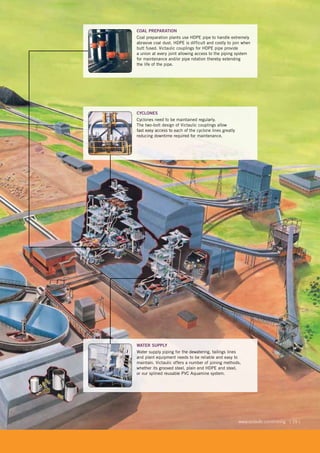 [ 29 ]www.victaulic.com/mining
COAL PREPARATION
Coal preparation plants use HDPE pipe to handle extremely
abrasive coal dust. HDPE is difficult and costly to join when
butt fused. Victaulic couplings for HDPE pipe provide
a union at every joint allowing access to the piping system
for maintenance and/or pipe rotation thereby extending
the life of the pipe.
CYCLONES
Cyclones need to be maintained regularly.
The two-bolt design of Victaulic couplings allow
fast easy access to each of the cyclone lines greatly
reducing downtime required for maintenance.
WATER SUPPLY
Water supply piping for the dewatering, tailings lines
and plant equipment needs to be reliable and easy to
maintain. Victaulic offers a number of joining methods,
whether its grooved steel, plain end HDPE and steel,
or our splined reusable PVC Aquamine system.
 