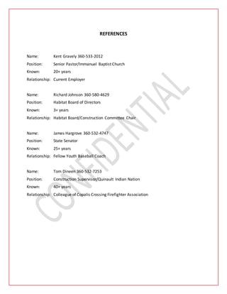 REFERENCES
Name: Kent Gravely 360-533-2012
Position: Senior Pastor/Immanuel Baptist Church
Known: 20+ years
Relationship: Current Employer
Name: Richard Johnson 360-580-4629
Position: Habitat Board of Directors
Known: 3+ years
Relationship: Habitat Board/Construction Committee Chair
Name: James Hargrove 360-532-4747
Position: State Senator
Known: 25+ years
Relationship: Fellow Youth Baseball Coach
Name: Tom Dineen 360-532-7253
Position: Construction Supervisor/Quinault Indian Nation
Known: 40+ years
Relationship: Colleague of Copalis Crossing Firefighter Association
 