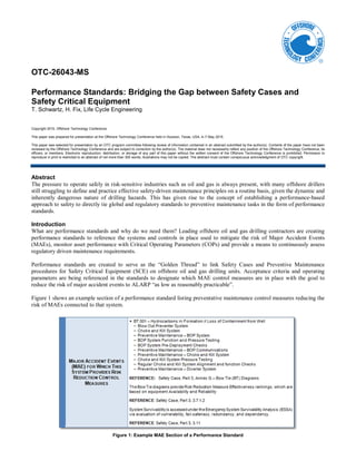 OTC-26043-MS
Performance Standards: Bridging the Gap between Safety Cases and
Safety Critical Equipment
T. Schwartz, H. Fix, Life Cycle Engineering
Copyright 2015, Offshore Technology Conference
This paper was prepared for presentation at the Offshore Technology Conference held in Houston, Texas, USA, 4–7 May 2015.
This paper was selected for presentation by an OTC program committee following review of information contained in an abstract submitted by the author(s). Contents of the paper have not been
reviewed by the Offshore Technology Conference and are subject to correction by the author(s). The material does not necessarily reflect any position of the Offshore Technology Conference, its
officers, or members. Electronic reproduction, distribution, or storage of any part of this paper without the written consent of the Offshore Technology Conference is prohibited. Permission to
reproduce in print is restricted to an abstract of not more than 300 words; illustrations may not be copied. The abstract must contain conspicuous acknowledgment of OTC copyright.
Abstract
The pressure to operate safely in risk-sensitive industries such as oil and gas is always present, with many offshore drillers
still struggling to define and practice effective safety-driven maintenance principles on a routine basis, given the dynamic and
inherently dangerous nature of drilling hazards. This has given rise to the concept of establishing a performance-based
approach to safety to directly tie global and regulatory standards to preventive maintenance tasks in the form of performance
standards.
Introduction
What are performance standards and why do we need them? Leading offshore oil and gas drilling contractors are creating
performance standards to reference the systems and controls in place used to mitigate the risk of Major Accident Events
(MAEs), monitor asset performance with Critical Operating Parameters (COPs) and provide a means to continuously assess
regulatory driven maintenance requirements.
Performance standards are created to serve as the “Golden Thread” to link Safety Cases and Preventive Maintenance
procedures for Safety Critical Equipment (SCE) on offshore oil and gas drilling units. Acceptance criteria and operating
parameters are being referenced in the standards to designate which MAE control measures are in place with the goal to
reduce the risk of major accident events to ALARP “as low as reasonably practicable”.
Figure 1 shows an example section of a performance standard listing preventative maintenance control measures reducing the
risk of MAEs connected to that system.
Figure 1: Example MAE Section of a Performance Standard
 