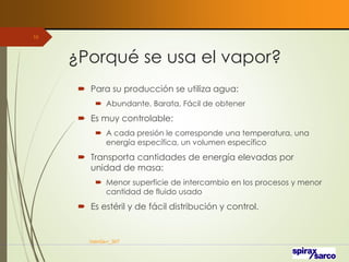 ¿Porqué se usa el vapor?
 Para su producción se utiliza agua:
 Abundante, Barata, Fácil de obtener
 Es muy controlable:
 A cada presión le corresponde una temperatura, una
energía específica, un volumen específico
 Transporta cantidades de energía elevadas por
unidad de masa:
 Menor superficie de intercambio en los procesos y menor
cantidad de fluido usado
 Es estéril y de fácil distribución y control.
VaInGe-r_307
10
 