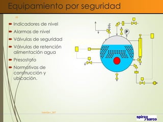 Equipamiento por seguridad
 Indicadores de nivel
 Alarmas de nivel
 Válvulas de seguridad
 Válvulas de retención
alimentación agua
 Presostato
 Normativas de
construcción y
ubicación.
VaInGe-r_307
28
 
