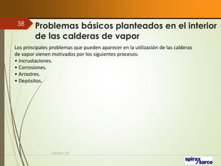 Problemas básicos planteados en el interior
de las calderas de vapor
VaInGe-r_307
38
Los principales problemas que pueden aparecer en la utilización de las calderas
de vapor vienen motivados por los siguientes procesos:
• Incrustaciones.
• Corrosiones.
• Arrastres.
• Depósitos.
 