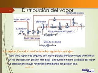 Distribución del vapor
VaInGe-r_307
43
La distribución a alta presión tiene las siguientes ventajas:
✓ Tubería de vapor mas pequeña con menor pérdida de calor y coste de material
✓ En los procesos con presión mas baja, la reducción mejora la calidad del vapor
✓ La caldera tiene mayor rendimiento trabajando con presión alta.
Distribuidor vapor
Sistema de purga
Estación reductora presión
Vapor de caldera
Separador
Vapor alta presión
Eliminador
Aire
 