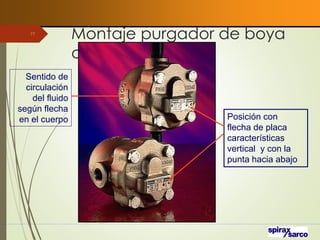 Montaje purgador de boya
cerrada
VaInGe-r_307
77
Sentido de
circulación
del fluido
según flecha
en el cuerpo Posición con
flecha de placa
características
vertical y con la
punta hacia abajo
 