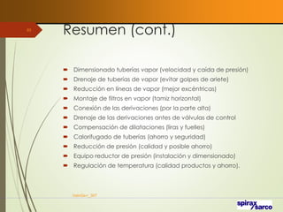 Resumen (cont.)
 Dimensionado tuberías vapor (velocidad y caída de presión)
 Drenaje de tuberías de vapor (evitar golpes de ariete)
 Reducción en líneas de vapor (mejor excéntricas)
 Montaje de filtros en vapor (tamiz horizontal)
 Conexión de las derivaciones (por la parte alta)
 Drenaje de las derivaciones antes de válvulas de control
 Compensación de dilataciones (liras y fuelles)
 Calorifugado de tuberías (ahorro y seguridad)
 Reducción de presión (calidad y posible ahorro)
 Equipo reductor de presión (instalación y dimensionado)
 Regulación de temperatura (calidad productos y ahorro).
VaInGe-r_307
93
 