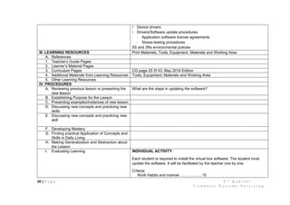 20 | P a g e 3 r d
Q u a r t e r
C o m p u t e r S y s t e m s S e r v i c i n g
• Device drivers
• Drivers/Software update procedures
- Application software license agreements
- Stress-testing procedures
5S and 3Rs environmental policies
III. LEARNING RESOURCES Print Materials, Tools, Equipment, Materials and Working Area
A. References
1. Teacher’s Guide Pages
2. Learner’s Material Pages
3. Curriculum Pages CG page 25 0f 43, May 2016 Edition
4. Additional Materials from Learning Resources Tools, Equipment, Materials and Working Area
5. Other Learning Resources
IV. PROCEDURES
A. Reviewing previous lesson or presenting the
new lesson
What are the steps in updating the software?
B. Establishing Purpose for the Lesson
C. Presenting examples/instances of new lesson
D. Discussing new concepts and practicing new
skills
E. Discussing new concepts and practicing new
skill
F. Developing Mastery
G. Finding practical Application of Concepts and
Skills in Daily Living
H. Making Generalization and Abstraction about
the Lesson
I. Evaluating Learning INDIVIDUAL ACTIVITY
Each student is required to install the virtual box software. The student must
update the software. It will be facilitated by the teacher one by one.
Criteria:
Work Habits and manner………………15
 