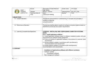 5 | P a g e 3 r d
Q u a r t e r
C o m p u t e r S y s t e m s S e r v i c i n g
DAILY
LESSON
LOG IN TLE
School Wenceslao Trinidad National
High School
Grade Level 10th
Grade
Teacher Bryan C. Tenorio Learning Area TLE_ICT_CSS
Teaching Dates &
Time
Day 2
2 hours per meeting
Quarter Third
I.OBJECTIVES
A. Content Standard The learners demonstrate an understanding of concepts and principles in
installing configuring
computer systems
B. Performance Standard The learners shall be able to install and configure computer systems based on
established procedures and system requirements
C. Learning Competencies/Objectives LESSON 8: INSTALLING AND CONFIGURING COMPUTER SYSTEMS
(ICCS)
LO 4. Install application software
4.1 Install Application Software based on software installation guides, end-user
requirements and software license agreement
4.2 Carry out variation to application software in accordance to customer/ client
requirements
4.3 Access software updates in accordance with manufacturer’s
recommendations and requirements
4.4 Install software updates in accordance with manufacturer’s
recommendations and requirements
II. CONTENT
• Installation of applications software with different variations
• Software updates
• Virtualization software
• Disk management software
 