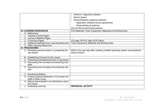 6 | P a g e 3 r d
Q u a r t e r
C o m p u t e r S y s t e m s S e r v i c i n g
• Antivirus / diagnostic software
• Device drivers
• Drivers/Software update procedures
- Application software license agreements
- Stress-testing procedures
5S and 3Rs environmental policies
III. LEARNING RESOURCES Print Materials, Tools, Equipment, Materials and Working Area
A. References
1. Teacher’s Guide Pages
2. Learner’s Material Pages
3. Curriculum Pages CG page 25 0f 43, May 2016 Edition
4. Additional Materials from Learning Resources Tools, Equipment, Materials and Working Area
5. Other Learning Resources
IV. PROCEDURES
A. Reviewing previous lesson or presenting the
new lesson
What is the next step after updating installed operating system and peripheral
device drivers?
B. Establishing Purpose for the Lesson
C. Presenting examples/instances of new lesson
D. Discussing new concepts and practicing new
skills
E. Discussing new concepts and practicing new
skill
F. Developing Mastery
G. Finding practical Application of Concepts and
Skills in Daily Living
H. Making Generalization and Abstraction about
the Lesson
I. Evaluating Learning INDIVIDUAL ACTIVITY
 