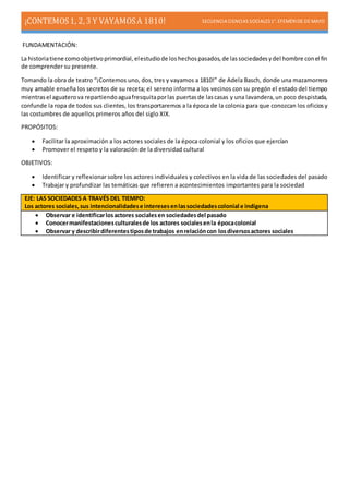 ¡CONTEMOS1, 2, 3 Y VAYAMOSA 1810! SECUENCIA CIENCIAS SOCIALES1°. EFEMÉRIDE DE MAYO
FUNDAMENTACIÓN:
La historiatiene comoobjetivoprimordial,elestudiode loshechospasados,de lassociedadesydel hombre conel fin
de comprender su presente.
Tomando la obra de teatro “¡Contemos uno, dos, tres y vayamos a 1810!” de Adela Basch, donde una mazamorrera
muy amable enseña los secretos de su receta; el sereno informa a los vecinos con su pregón el estado del tiempo
mientrasel aguaterova repartiendoaguafresquitaporlas puertasde lascasas y una lavandera,unpoco despistada,
confunde la ropa de todos sus clientes, los transportaremos a la época de la colonia para que conozcan los oficiosy
las costumbres de aquellos primeros años del siglo XIX.
PROPÓSITOS:
 Facilitar la aproximación a los actores sociales de la época colonial y los oficios que ejercían
 Promover el respeto y la valoración de la diversidad cultural
OBJETIVOS:
 Identificar y reflexionar sobre los actores individuales y colectivos en la vida de las sociedades del pasado
 Trabajar y profundizar las temáticas que refieren a acontecimientos importantes para la sociedad
EJE: LAS SOCIEDADES A TRAVÉS DEL TIEMPO:
Los actores sociales,sus intencionalidadese interesesenlassociedadescolonial e indígena
 Observar e identificarlosactores socialesen sociedadesdel pasado
 Conocermanifestacionesculturalesde los actores socialesenla épocacolonial
 Observar y describirdiferentestiposde trabajos enrelacióncon losdiversosactores sociales
 