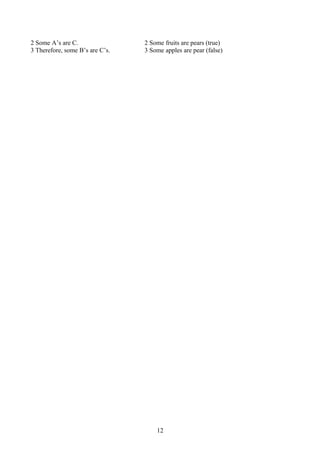 2 Some A’s are C. 2 Some fruits are pears (true)
3 Therefore, some B’s are C’s. 3 Some apples are pear (false)
12
 