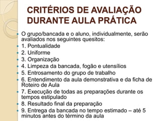 CRITÉRIOS DE AVALIAÇÃO
DURANTE AULA PRÁTICA











O grupo/bancada e o aluno, individualmente, serão
avaliados nos seguintes quesitos:
1. Pontualidade
2. Uniforme
3. Organização
4. Limpeza da bancada, fogão e utensílios
5. Entrosamento do grupo de trabalho
6. Entendimento da aula demonstrativa e da ficha de
Roteiro de Aula
7. Execução de todas as preparações durante os
tempos estipulado
8. Resultado final da preparação
9. Entrega da bancada no tempo estimado – até 5
minutos antes do término da aula

 