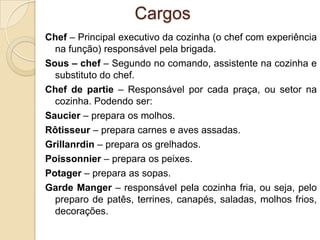 Cargos
Chef – Principal executivo da cozinha (o chef com experiência
na função) responsável pela brigada.
Sous – chef – Segundo no comando, assistente na cozinha e
substituto do chef.
Chef de partie – Responsável por cada praça, ou setor na
cozinha. Podendo ser:
Saucier – prepara os molhos.
Rôtisseur – prepara carnes e aves assadas.
Grillanrdin – prepara os grelhados.
Poissonnier – prepara os peixes.
Potager – prepara as sopas.
Garde Manger – responsável pela cozinha fria, ou seja, pelo
preparo de patês, terrines, canapés, saladas, molhos frios,
decorações.

 
